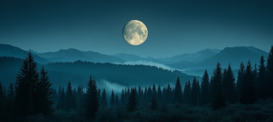 Wall Mural - light full moon with horror night forest landscape. generative ai technology.