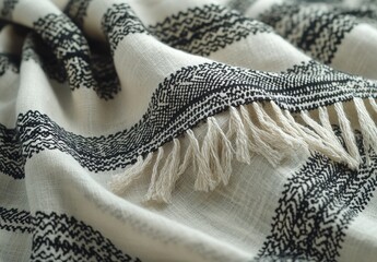 Poster - Soft Textured Fabric with Intricate Black Pattern and Fringe Detail