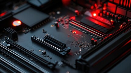 Poster - Close up of a modern black computer motherboard with red LED lights showing