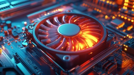 Poster - Close-up of a Glowing Computer Cooling Fan on a Circuit Board for technology concept