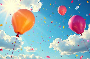 Wall Mural - Colorful balloons and confetti soar in a vibrant sunny sky.