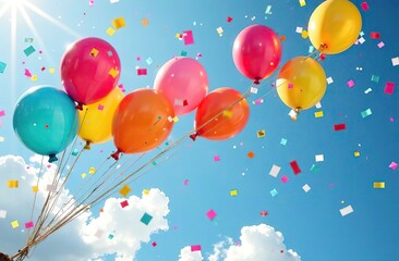Wall Mural - Colorful balloons and confetti soar in a vibrant sunny sky.