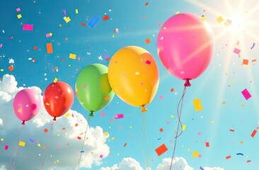 Wall Mural - Colorful balloons and confetti soar in a vibrant sunny sky.