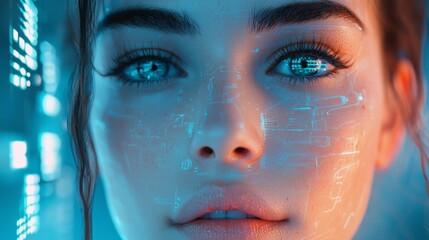 Poster - A young woman gazes into the distance, her features illuminated by ethereal blue digital patterns
