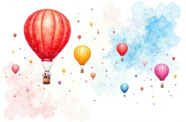 Wall Mural - A watercolor of balloons during a mass ascension event, sky filled with colors, isolated on white background