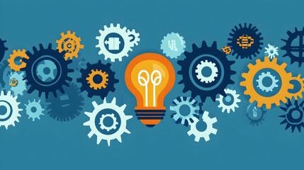 Poster - A flat design image depicting a light bulb with interlocking gears, symbolizing the process of ideas leading to growth and innovation  -