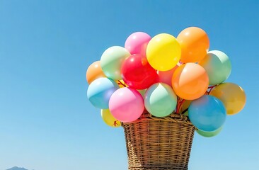 Wall Mural - Colorful balloons overflowing from a wicker basket against a bright blue sky
