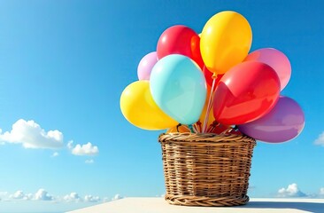 Wall Mural - Colorful balloons overflowing from a wicker basket against a bright blue sky
