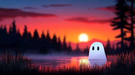 Wall Mural - Pixel Ghost by the Lake at Sunset