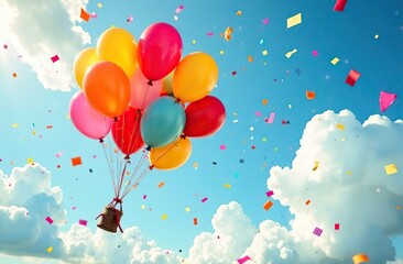 Wall Mural - A joyous ascension of colorful balloons against a vibrant sky, celebrating festivity and happiness with confetti 