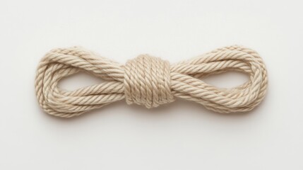 Beige cotton rope tied in a simple knot on white background.