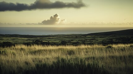  A tranquil landscape disrupted by a distant explosion, blending calm and chaos under soft sunlight.