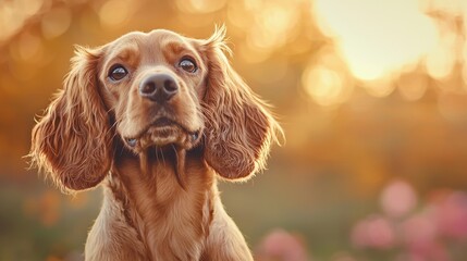 Wall Mural - Adorable Golden Brown Spaniel Dog Portrait at Sunset