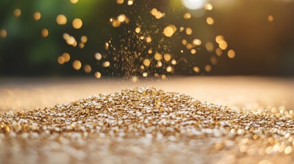 Wall Mural - golden particles falling onto a pile on a blurry background.