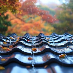 Wall Mural - Rain, autumn leaves, wet roof tiles.