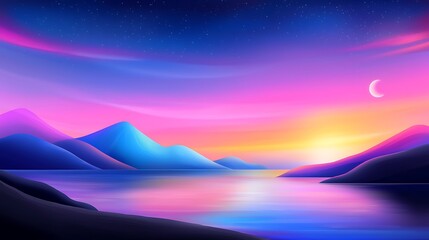 Wall Mural - Vibrant Sunset Landscape with Pink and Purple Hues over Serene Mountain Lake