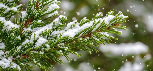 Wall Mural - Closeup of a Snow Covered Evergreen Branch