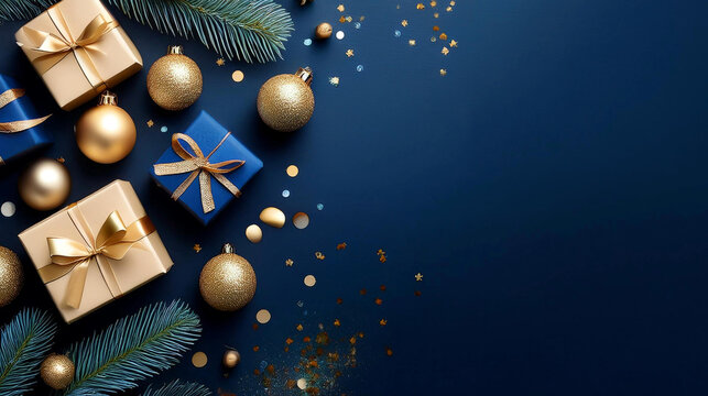 Elegant Christmas card featuring fir branches, confetti, gold and blue Christmas ball ornaments, and glistening blue paper gift boxes set against a dark blue background