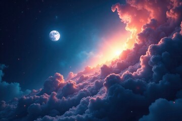 swirling clouds of gas and dust in a deep blue void with scattered stars and the radiant light of th