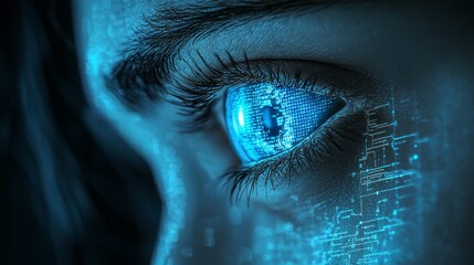 Poster - A sophisticated humanoid robot exhibits an eye with glowing digital patterns, reflecting its cognitive abilities. The setting suggests a high-tech environment focused on innovation and analysis
