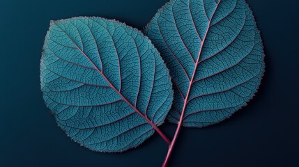 Wall Mural - Detailed Close Up of Two Teal Leaves with Intricate Veins Against a Dark Background