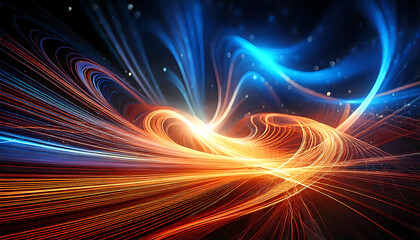 Poster - dynamic abstract artwork featuring vibrant, swirling lines of light in orange and blue hues. ideal f