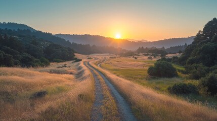 Poster - Soft golden light bathes the tranquil railway, surrounded by lush greenery and rolling hills, as the sun sets, offering a serene moment in nature's embrace