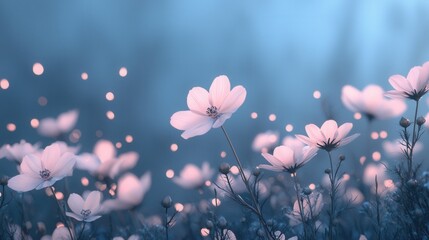 Wall Mural - Dreamy Field of Soft Pink Cosmos Flowers at Dusk