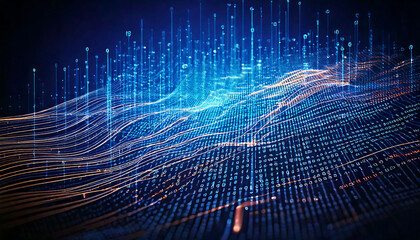 Poster - Abstract digital landscape with glowing data streams and flowing lines. Perfect for tech, AI, big data, network, and futuristic concepts.  Ideal for websites, presentations, and reports.