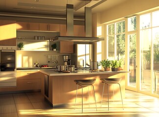 Modern kitchen with stainless steel appliances, a central island with bar stools, sleek countertops, and wooden cabinets