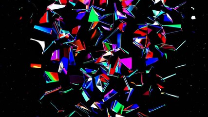 Aufkleber - Glittering metallic shards rotating in midair, reflecting bursts of colored light against a dark, empty void.

