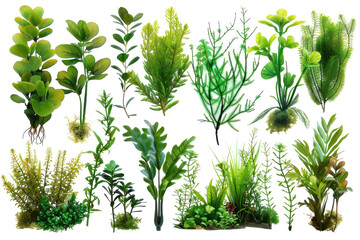 A vibrant collection of various aquatic plants arranged artistically, showcasing their lush greenery and unique textures in a serene display isolated on transparent background