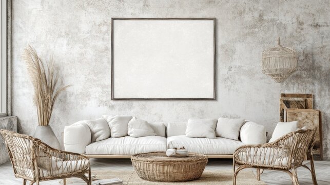 A blank 16x20 frame mockup on a textured wall in a bohemian style living room setting