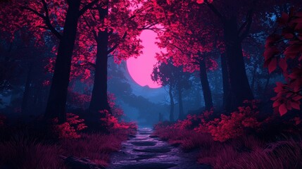 Sticker - Enchanted Forest Path at Sunset A Dreamlike Digital Landscape