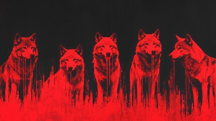 Five Wolves in a Glowing Red Digital Painting