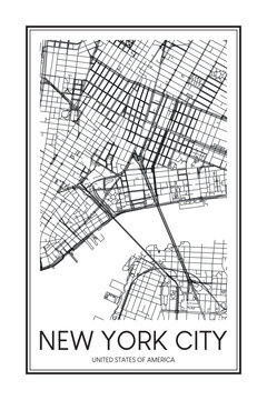 Printable downtown road map poster of the USA city of NEW YORK CITY on solid white background with city name