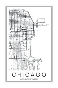 Printable downtown road map poster of the USA city of CHICAGO on solid white background with city name