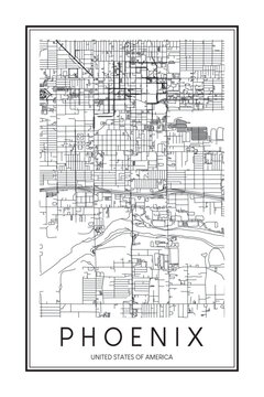 Printable downtown road map poster of the USA city of PHOENIX on solid white background with city name