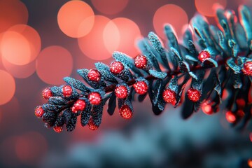 Wall Mural - Frosted Berries and Evergreen Branch with Festive Bokeh Lights