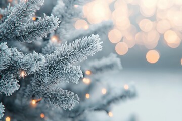 Wall Mural - Frosted Pine Branches Glowing with Warm Holiday Lights