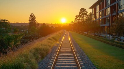 Poster - As the golden sun dips below the horizon, tranquil rays illuminate the railway, blending nature with contemporary structures, and inviting peaceful reflection