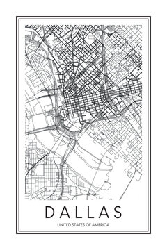Printable downtown road map poster of the USA city of DALLAS on solid white background with city name
