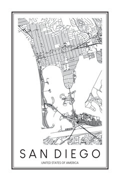 Printable downtown road map poster of the USA city of SAN DIEGO on solid white background with city name