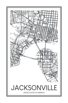 Printable downtown road map poster of the USA city of JACKSONVILLE on solid white background with city name