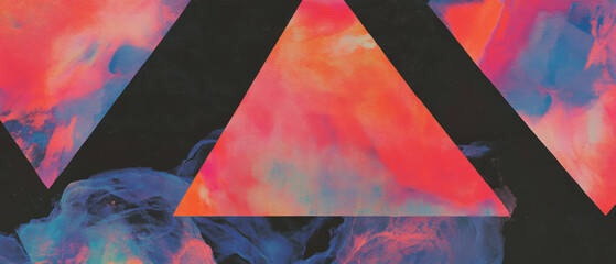 Poster - Vibrant triangular shapes layered with watercolor textures display a dynamic geometric design