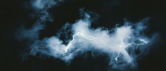 Poster - High contrast black smoke with bright white lightning on a dark background