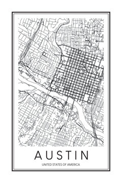 Printable downtown road map poster of the USA city of AUSTIN on solid white background with city name