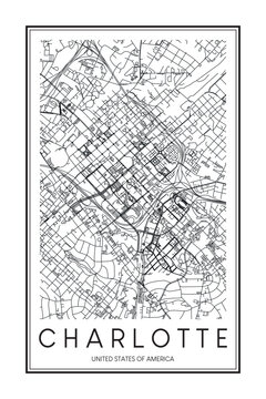 Printable downtown road map poster of the USA city of CHARLOTTE on solid white background with city name