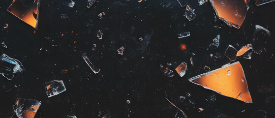 Poster - Broken glass texture with dust and debris against a black background for creative designs