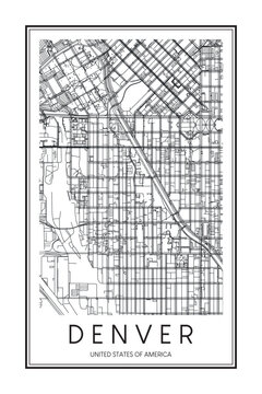 Printable downtown road map poster of the USA city of DENVER on solid white background with city name